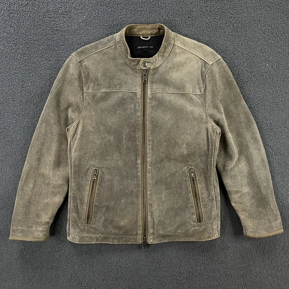 John Varvatos Leather Jacket Medium READ Lambskin Moto Cafe Racer Band Collar